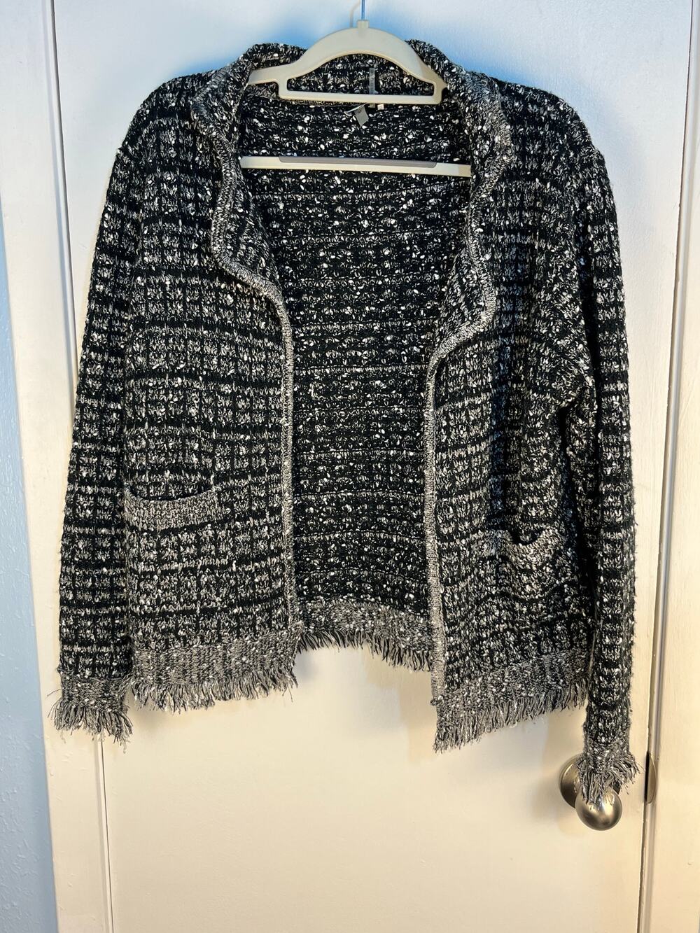 Sioni Tweed Shacket Medium Black White Fringe Trim Twee Academia Office
